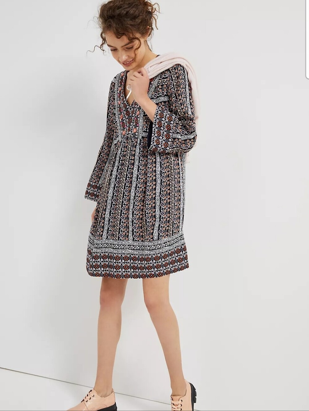 Anthropologie Maeve Naomi Embroidered Tunic Mini Dress Black Pink Boho XS